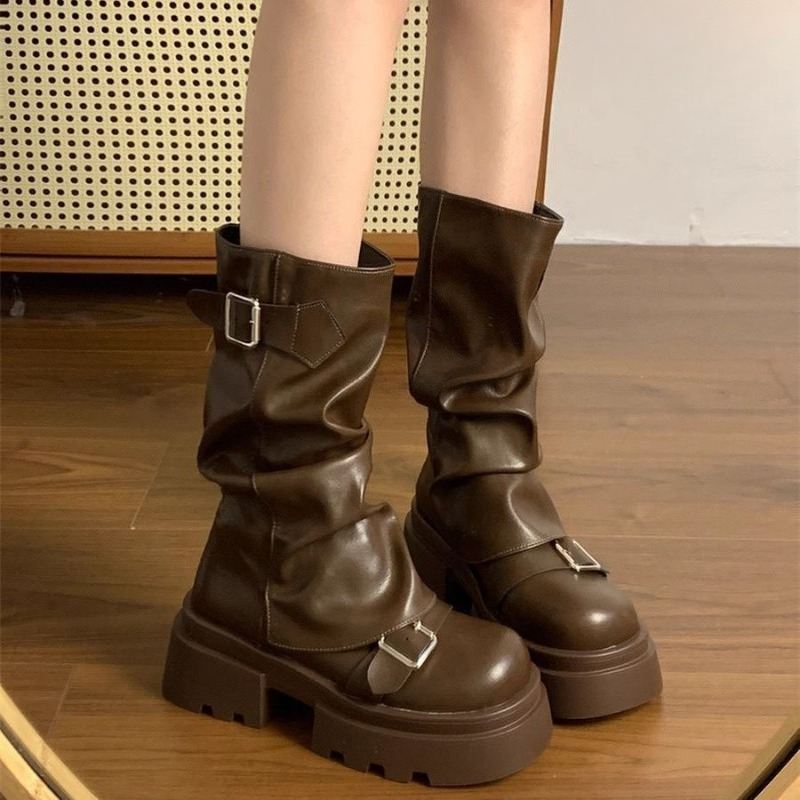 Belt Buckle Blank - Botas Femininas Punk de Cano Médio,