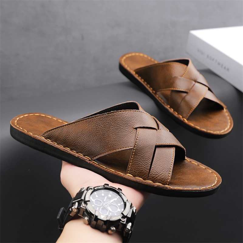 Leather Work Flats - Sandálias casuais masculinas de couro genuíno,